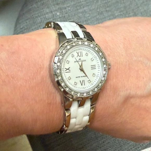 Anne Klein Womens Silver White Two Tone Crystal Bezel Watch Works