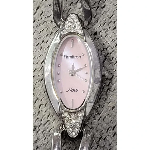 Armitron Now Silver Tone Bangle Watch Pink‎ Face Rhinestone Accent Womens