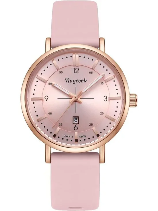 Women's All Pink Analog Quartz Silicone Band Calendar Date Display Wrist Watch