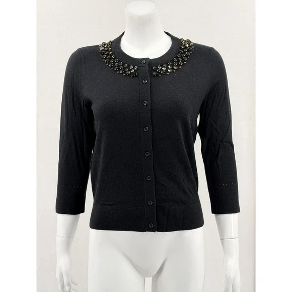 Kate Spade Sweater Womens Medium Black Kati‎ Cardigan Jeweled Collar Knit Preppy