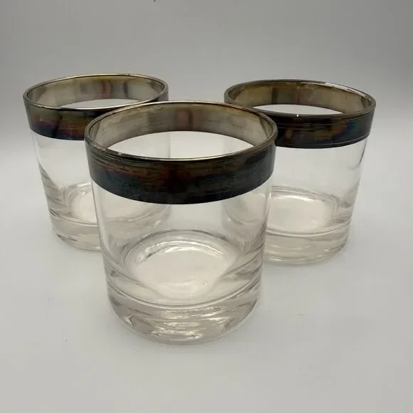 Set 3 Vintage Mid Century Silver Rim Rocks Glasses Whiskey Cocktail Thorpe Style