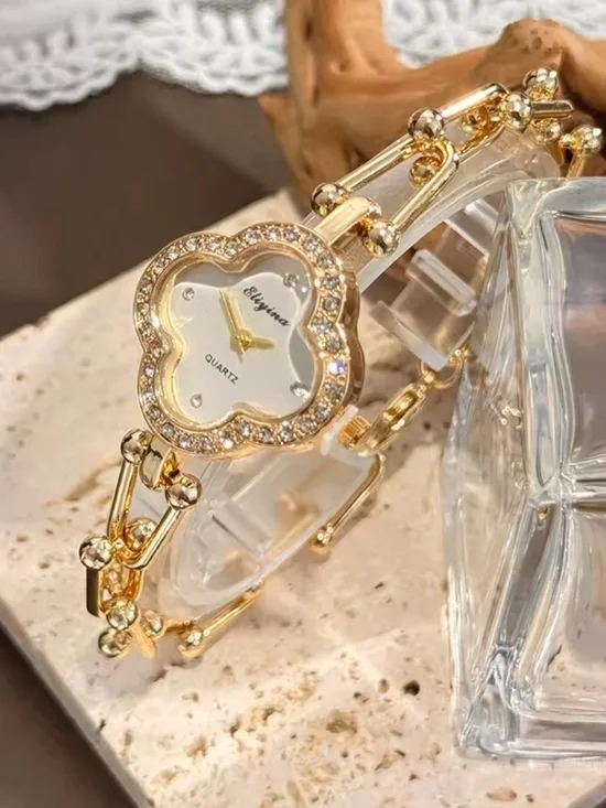 New  Gold Crystal-Trim Clover Bracelet Watch