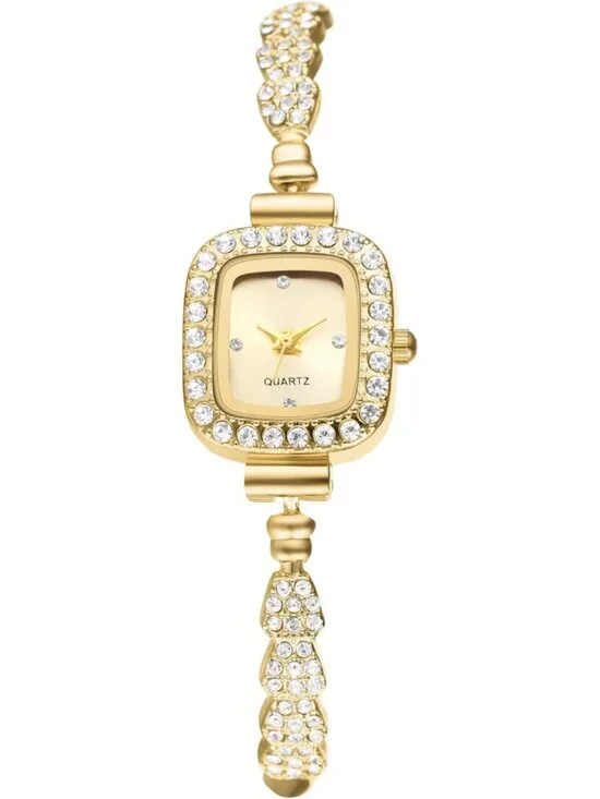 Women's Gold Analog Quartz Slim Strap Square Bracelet Rhinestones Wrist Watch