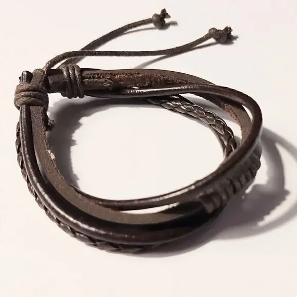 Men's bracelet‎ leather braided layered brown new d48