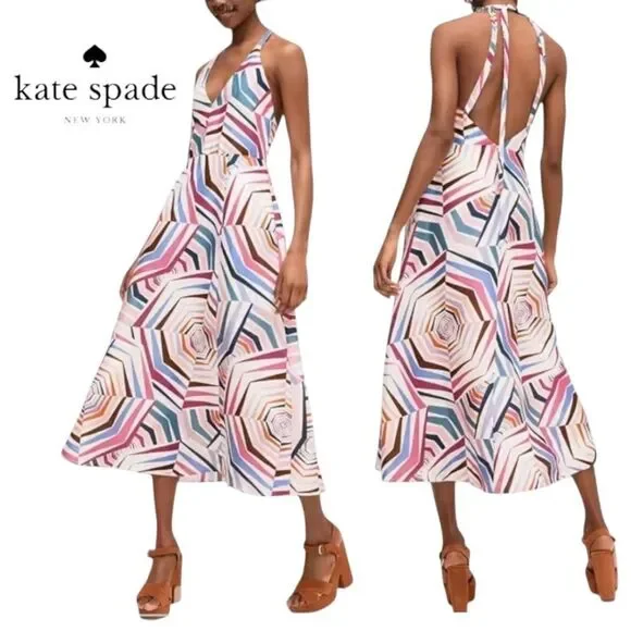 NWT Kate Spade Dress Geobrella‎ Silk Linen Halter Multicolor A Line 6