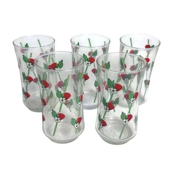 Vintage Greg Flowers Strawberry Vine Glass Tumblers Retro Set of 5 Red Green