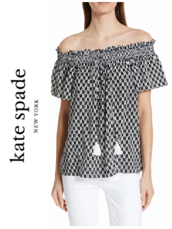 Kate Spade ♠️ Arrow Stripe Off The Shoulder Top In Fresh White/black (L)