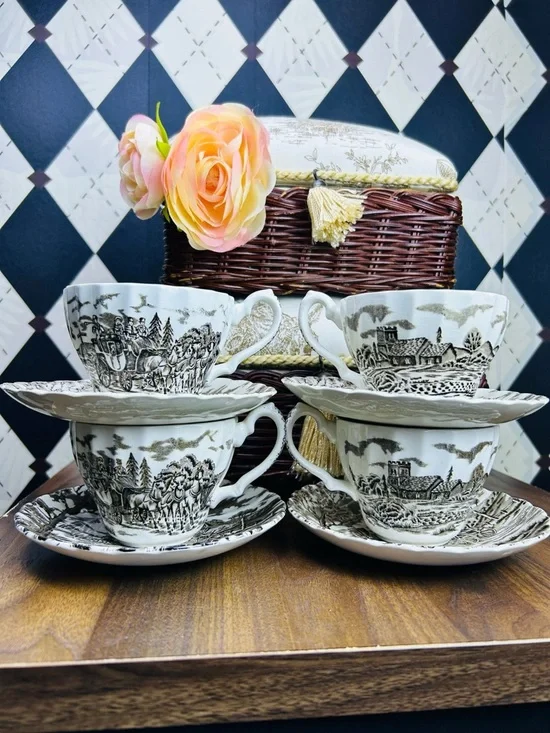 Vintage Tea Cups, Saucers Brown Transferware Set of‎ 4 Ironstone English Country