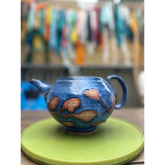 Handmade Ceramic Teapot Signed Studio Pottery‎ Mystery Signature Cobalt Blue