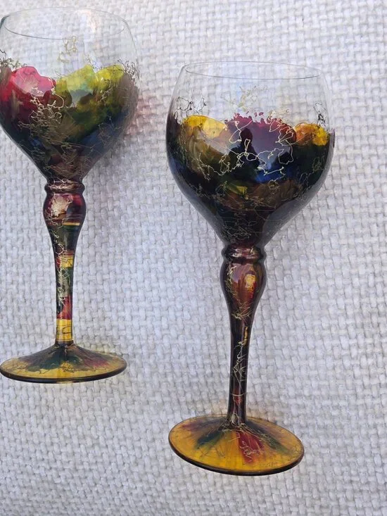 MONACO MONARCH Pair of Abstract Colorful Crystal Balloon Wine Stem Goblets