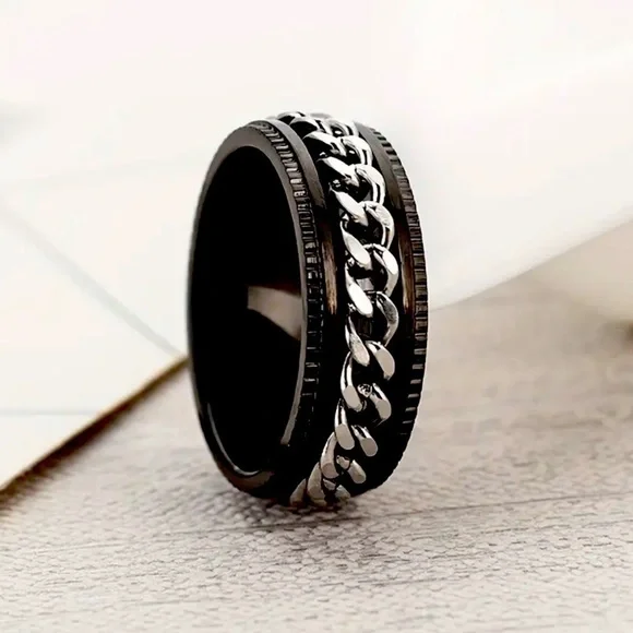 Black Ring with Silver Tone Chain Punk Rock Biker Motorcycle Gothic Goth