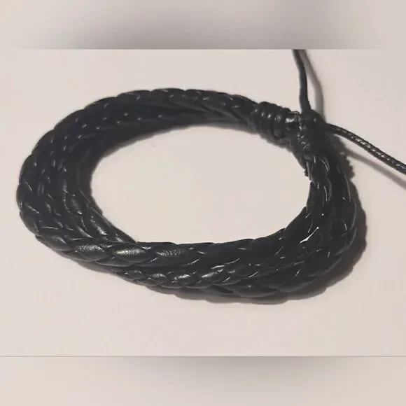 Men's bracelet leather braided layered black new d84‎