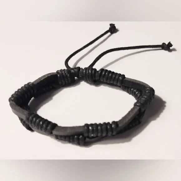 Men's bracelet leather layered black new d80‎