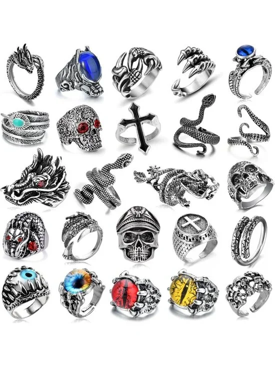 Vintage Punk Gothic Biker Rings Set - 16-24 Pcs Adjustable Skeleton Skull