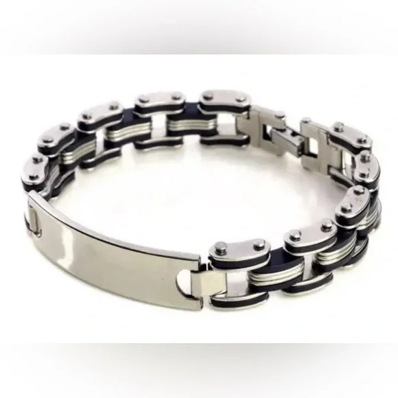 Men’s Sterling Silver Bike Link Chain Bracelet With Customizable Nameplate