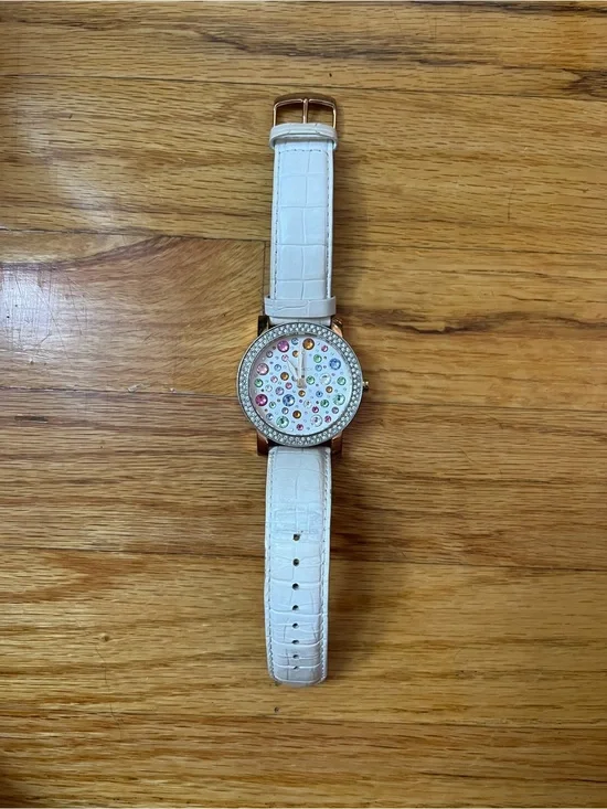 Capri Watch White Leather Strap Watch with Multicolor Crystal Dial