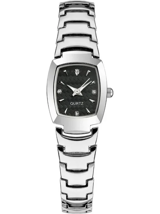 Women's Silver And Black Analog Steel Dainty Rectangle Waterproof Square Watch