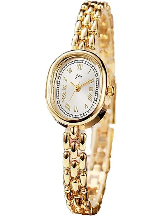 Women's Gold White Metal Link Band Bracelet Numeral Elegant Oval Analog Watch