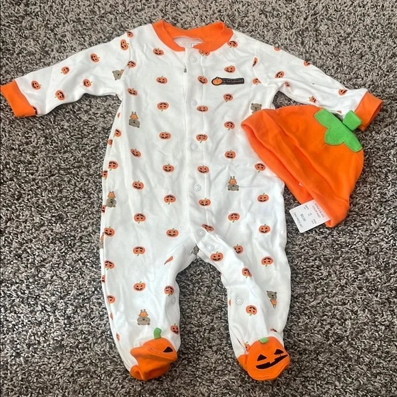 Carter's White and Orange Halloween Pumpkin Footie with matching Hat