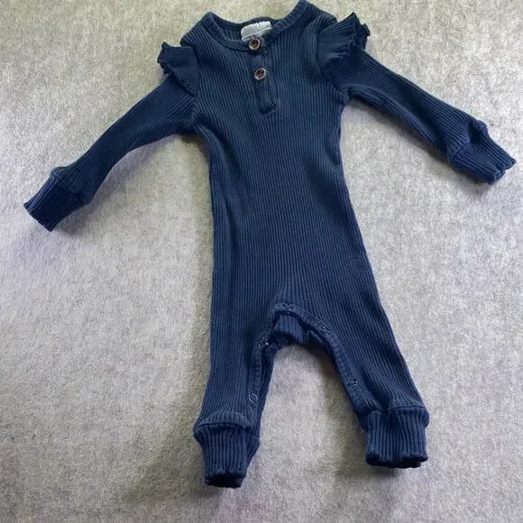 Chuya Navy Blue 100% Cotton Kids One Piece with Ruffle Sleeve Details Size 80