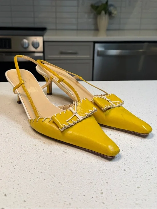 Vintage Kate Spade Slingback Kitten Heels Yellow White Leather Pointed Italy 10
