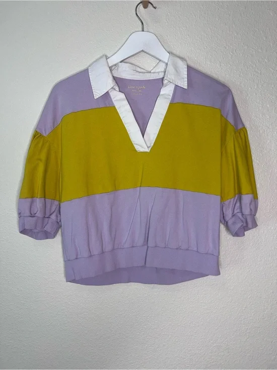 Kate Spade New York Purple Yellow Puff Sleeve Polo Top M 100% Cotton