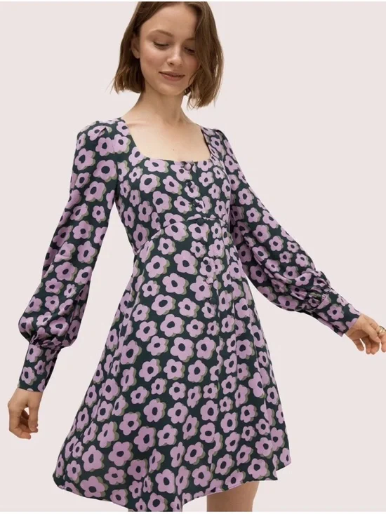 Kate Spade New York Flaire Flora Fluid Mini Dress Purple Puff Sleeves Size 6