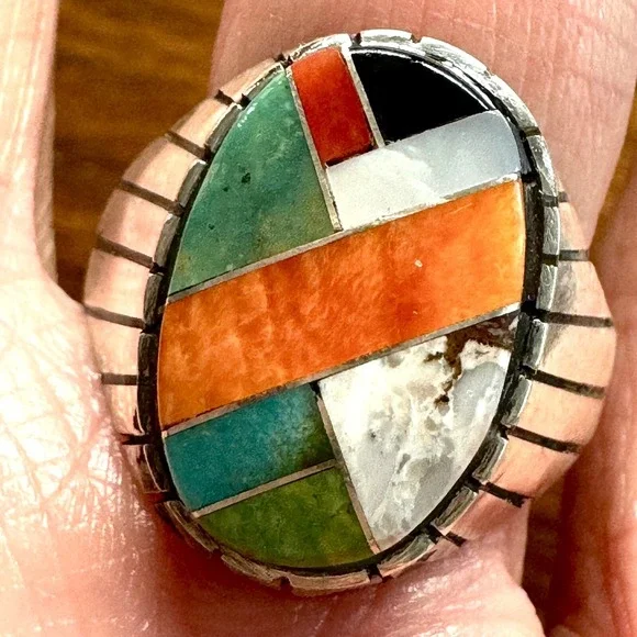 Navajo Turquoise Mens Ring Sz 12 Multi Stone Inlay‎ Signed Jack Oval Sterl 20mm