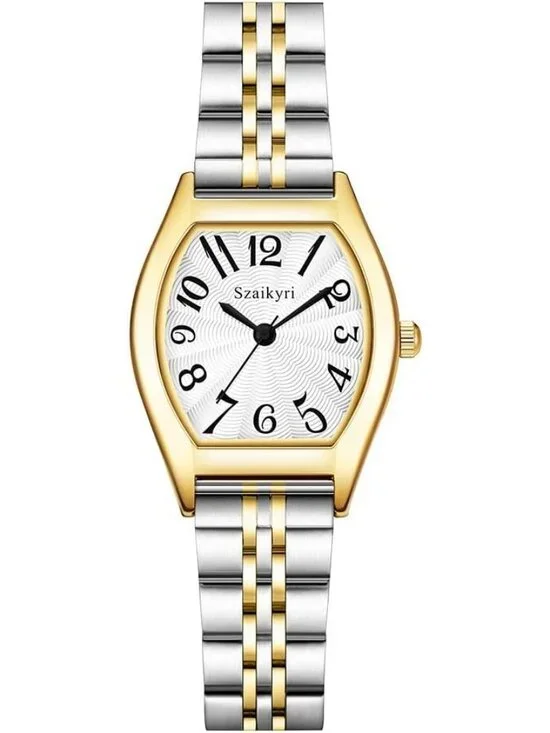 Women's Silver & Gold-Black  Barrel-Shaped Easy Read Arabic Numerals Dress Watch