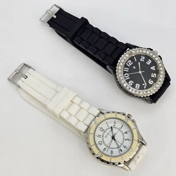2X Women's Watch 38MM Black White Dial Black White‎ Plastic Bands New Battery