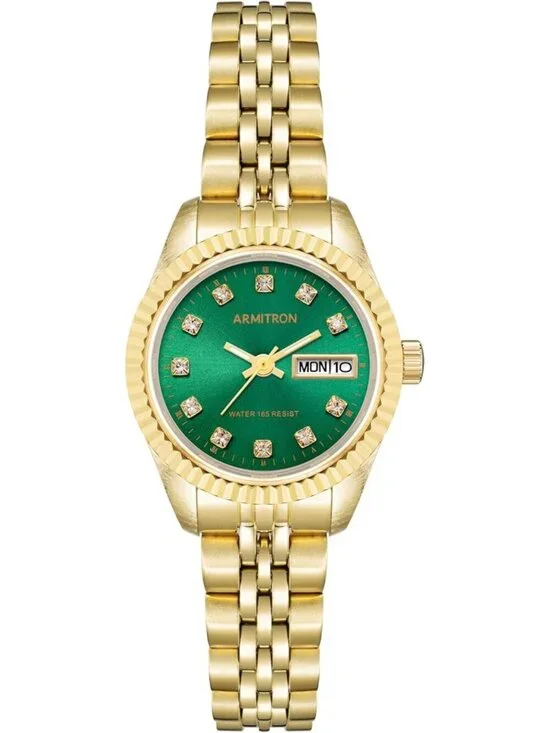 Armitron Women's Gold Green Genuine Crystal Accented Bracelet Round Luxury Watch