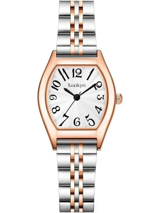 Women's Silver & Rose Gold-Black Barrel-Shaped Easy Read Arabic Numerals Watch