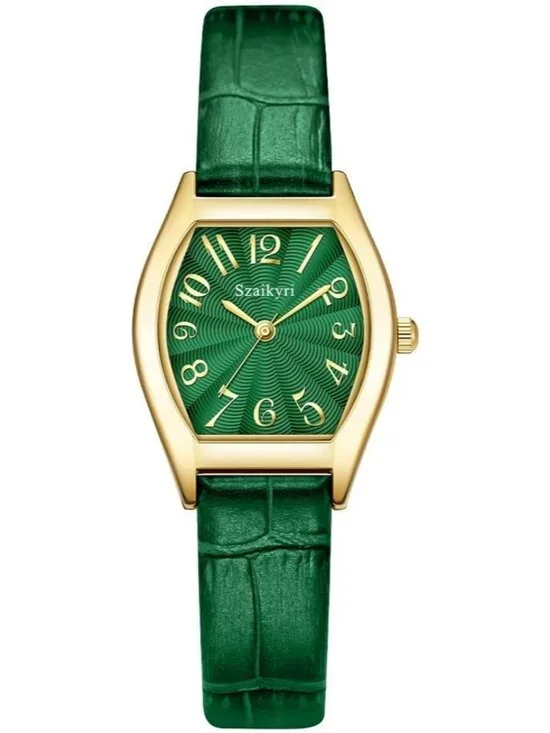Women's Green-Gold Barrel-Shaped Easy Read Arabic Numerals Dress Wrist Watch