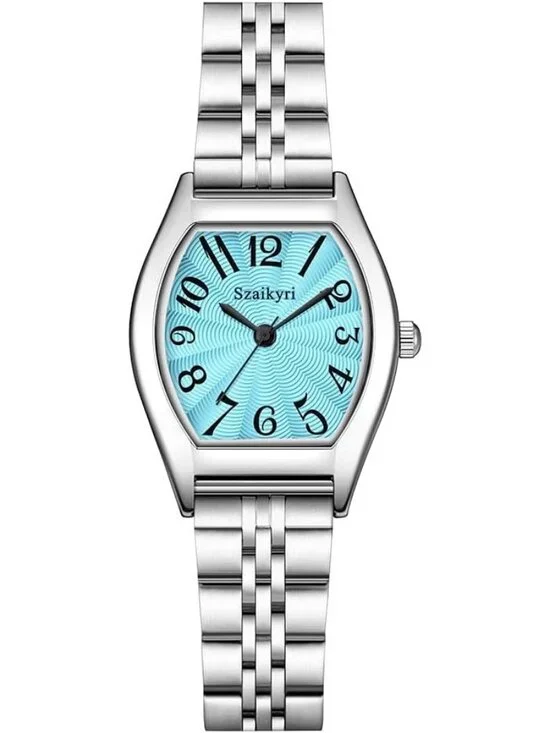 Women's Blue-Silver Barrel-Shaped Easy Read Arabic Numerals Dress Wrist Watch