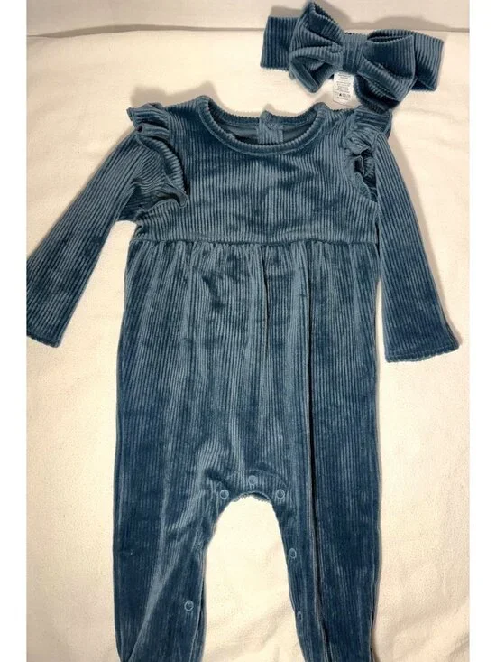 NAVY Blue Velour ribbed sleeper romper Headband bow SET 6-9m NWOT footie ruffle