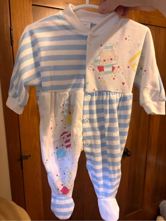 Vintage Baby Love Patchwork Teddy Bear Footed Sleeper Small Blue Stripe 6-9 mo