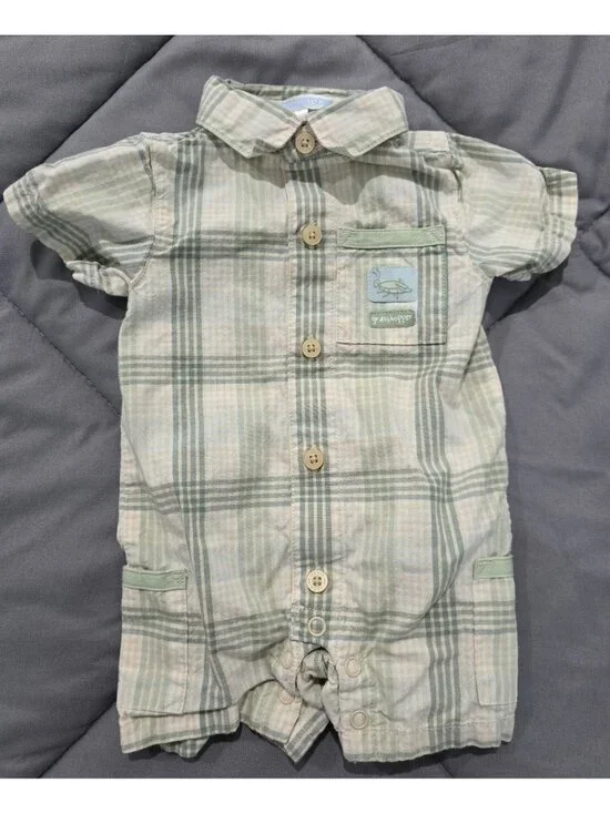 Janie and Jack Baby Boys Plaid Shortall Romper Green Grasshopper Preemie