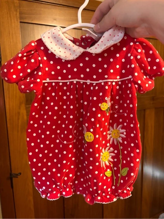 Vintage Baby One Step Girls Bubble Romper 6-9 Months Red Polka Dot Bee Daisy Pet