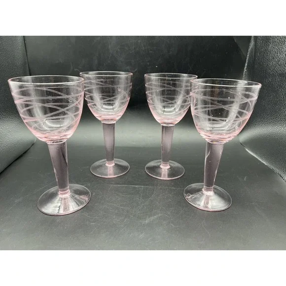 Vintage Pink MCM Wine Glasses w Etched Swirl Pattern Thick Stem  7