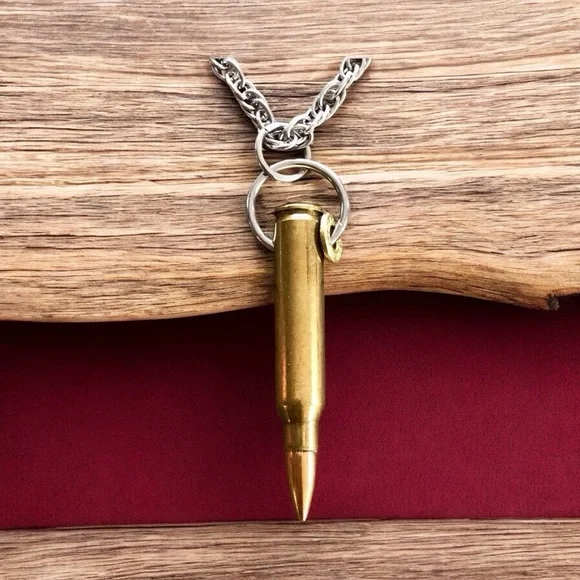🆕22 Caliber Bullet with a 22 Caliber Bullet Slice Pendant Chain Stainles…