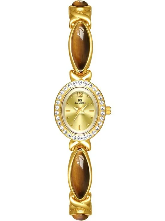 Women Diamond Brown Gold Analog Quartz Oval Dainty Vintage Bracelet Luxury Watch