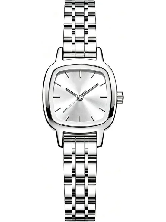Women's Silver White Steel Strap Casual Fashion Simple Square Quartz Wrist Watch