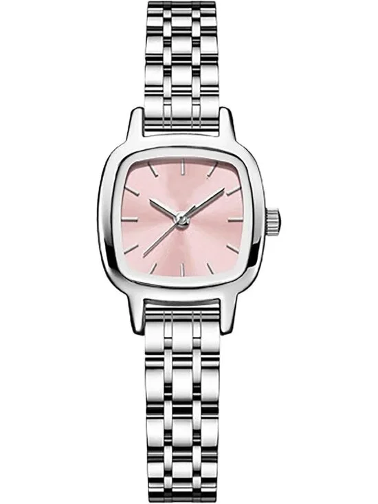 Women's Silver Pink Steel Strap Casual Fashion Simple Square Quartz Wrist Watch