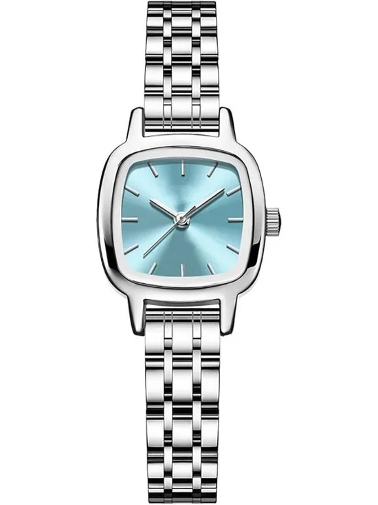 Women's Silver Blue Steel Strap Casual Fashion Simple Square Quartz Wrist Watch