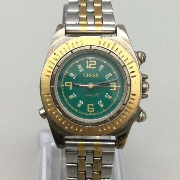 Vintage Guess Womens Watch 30mm Green Dial Two Tone Indiglo New Battery 6.75
