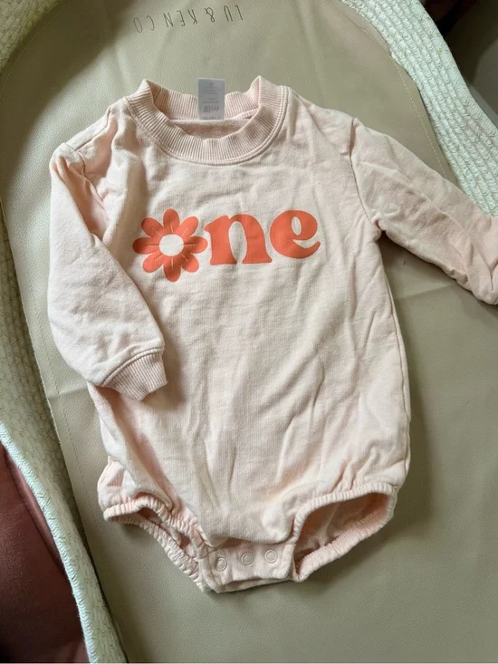 Free Add On With Purchase Baby Pink 'One' Floral Graphic One-Piece (small stain)