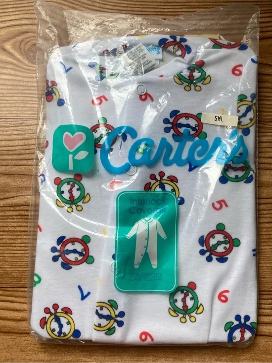 NWT Vintage Carters Baby Interlock Knit Coverall Size Small Clocks Time Numbers