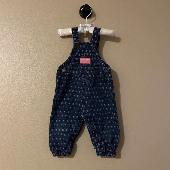 Vintage OshKosh B'Gosh Denim Vestbak Pink Tulip Floral Embroidered Overalls 6-9M