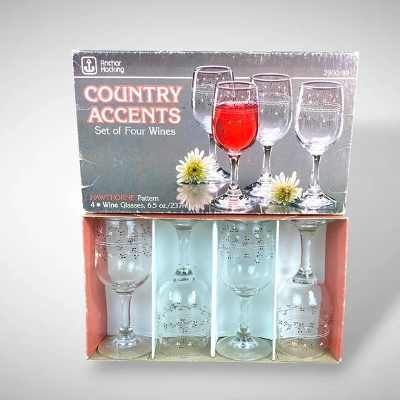 Anchor Hocking Country Accents Hawthorne Wine Glasses Set 4 Floral Goblets 1980s