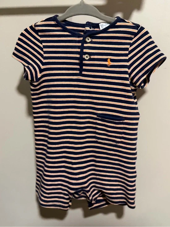 Vintage Ralph Lauren Navy Striped Baby Romper with Orange Pony